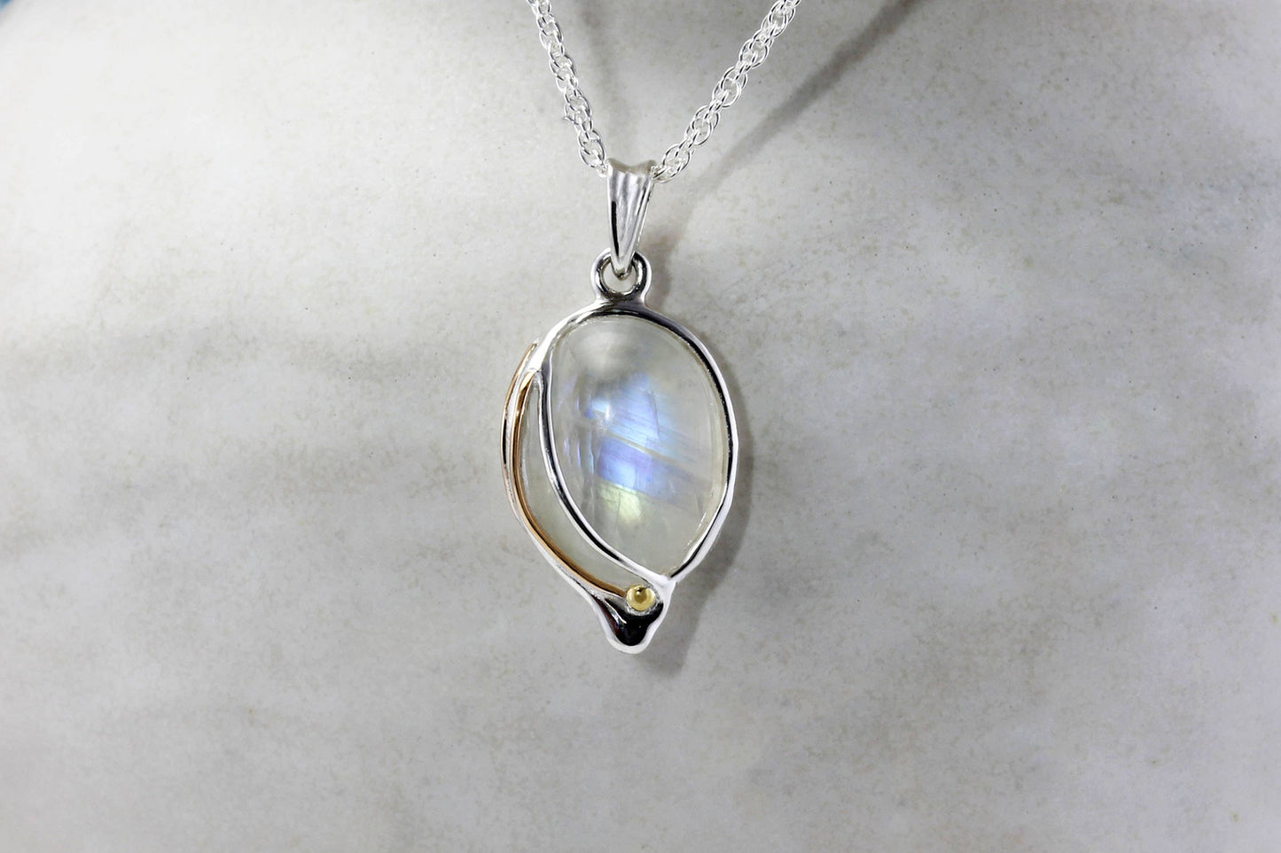 Moonstone Sterling Silver and 14ct Gold Detail Pendant Necklace