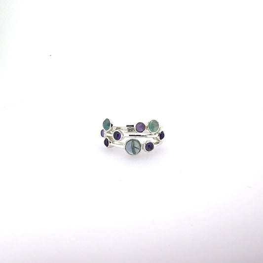 Silver raindrops ring with amethyst and blue topaz