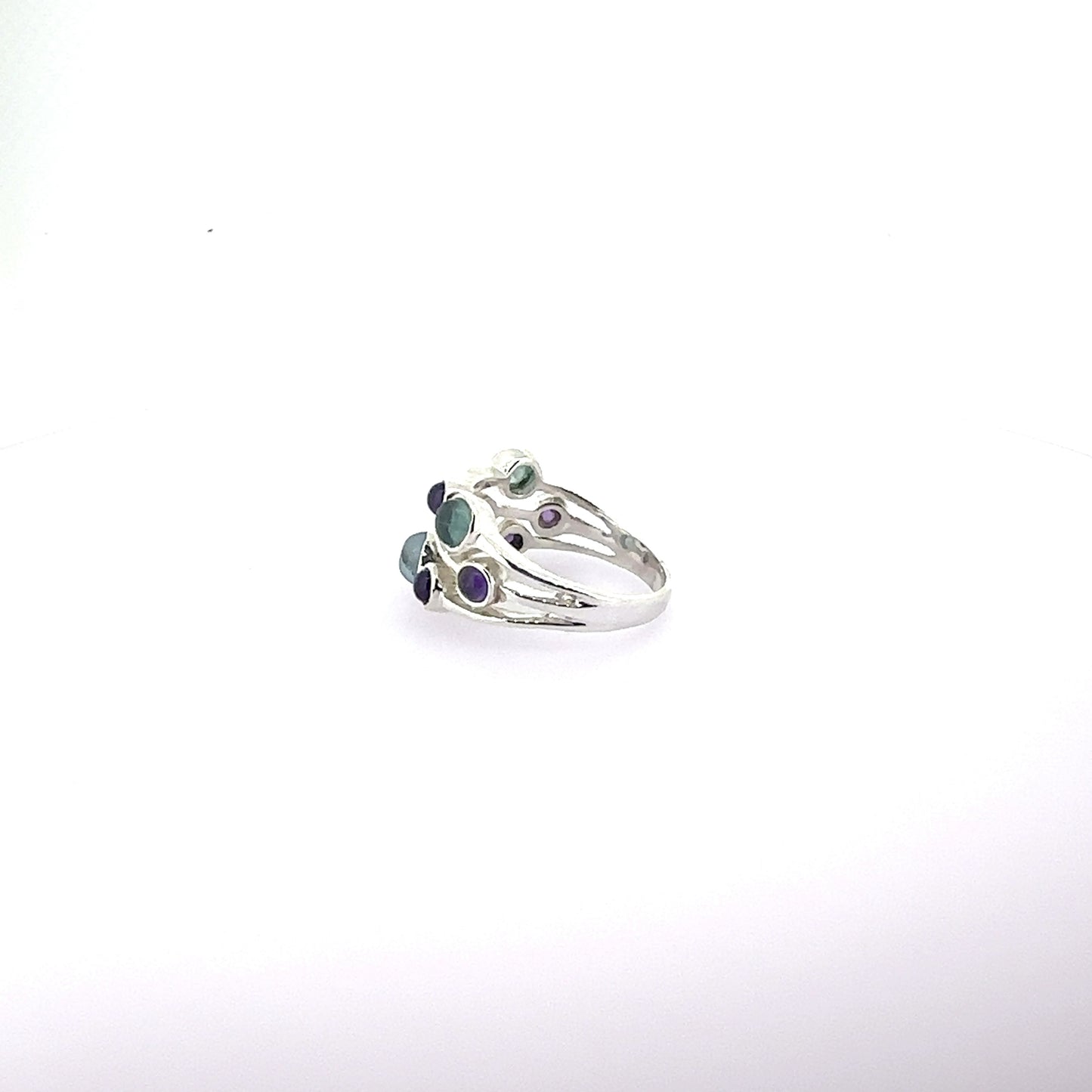 Silver raindrops ring with amethyst and blue topaz