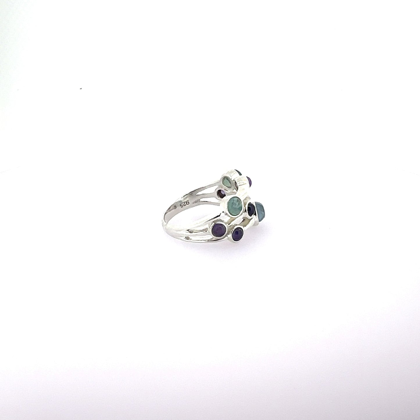 Silver raindrops ring with amethyst and blue topaz