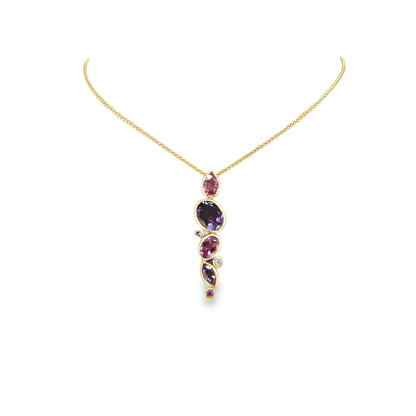 Stunning Pink Sapphire, Amethyst and Diamond Pendant Necklace