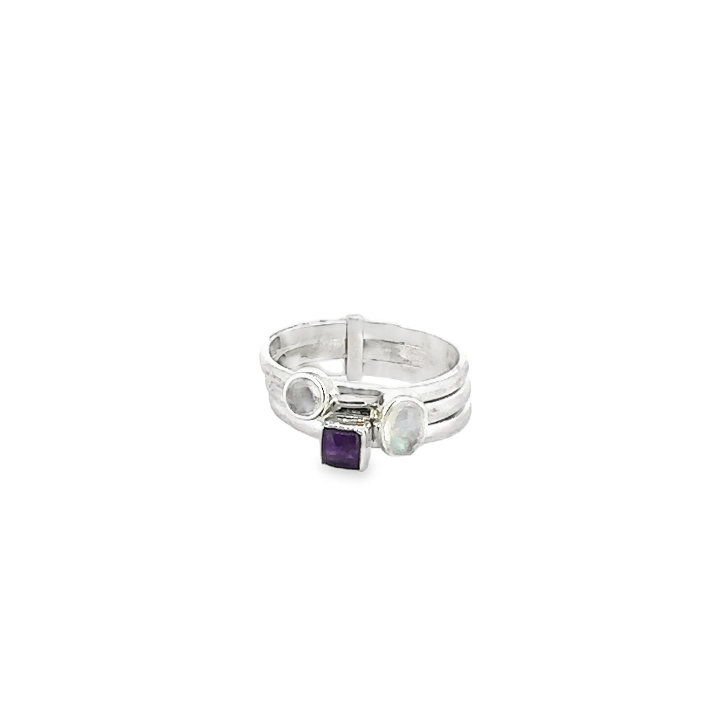 Colorful Triple Band Moonstone and Amethyst Silver Ring