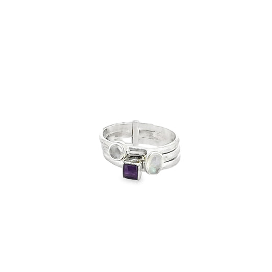 Colorful Triple Band Moonstone and Amethyst Silver Ring