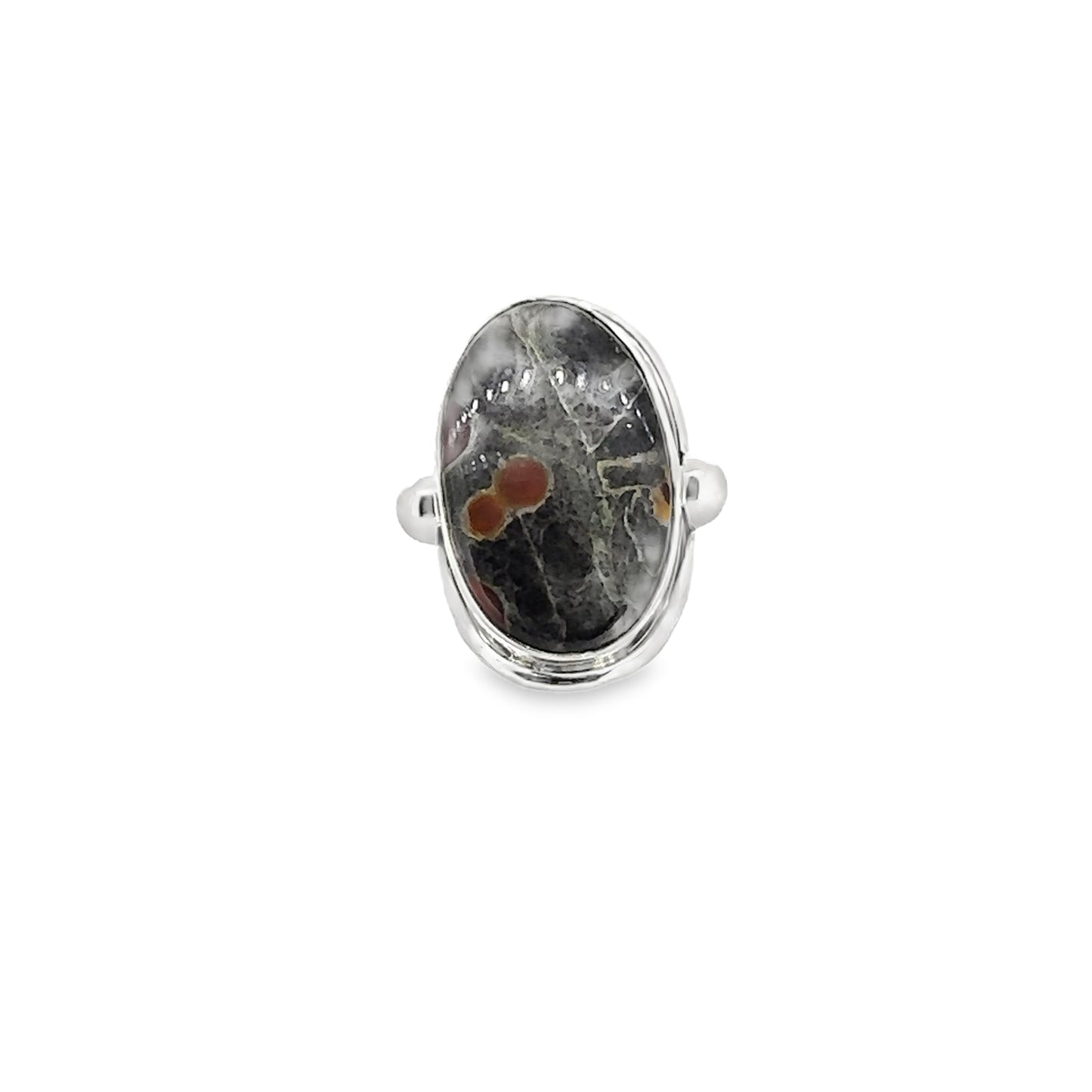 Oval Jasper Stone Silver Ring with Bead Detail