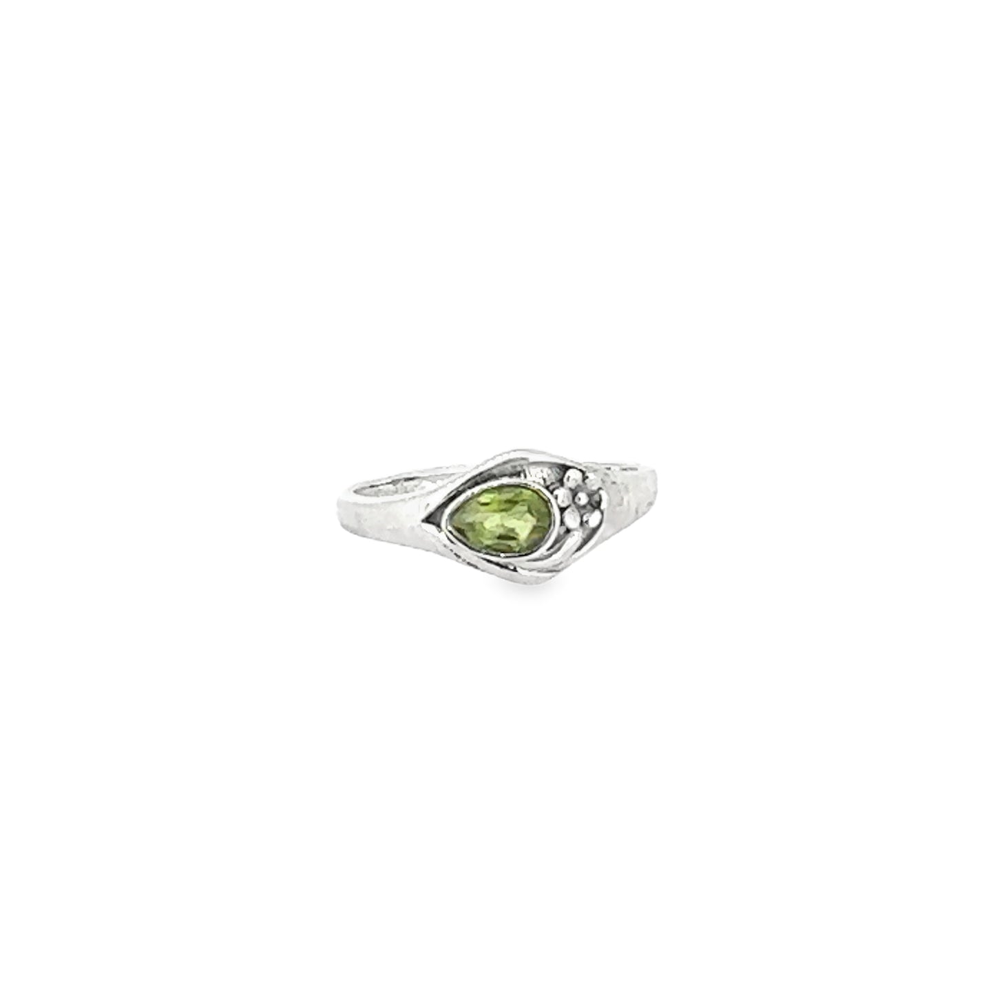 Silver and Peridot Gemstone Ring with Flower Detail