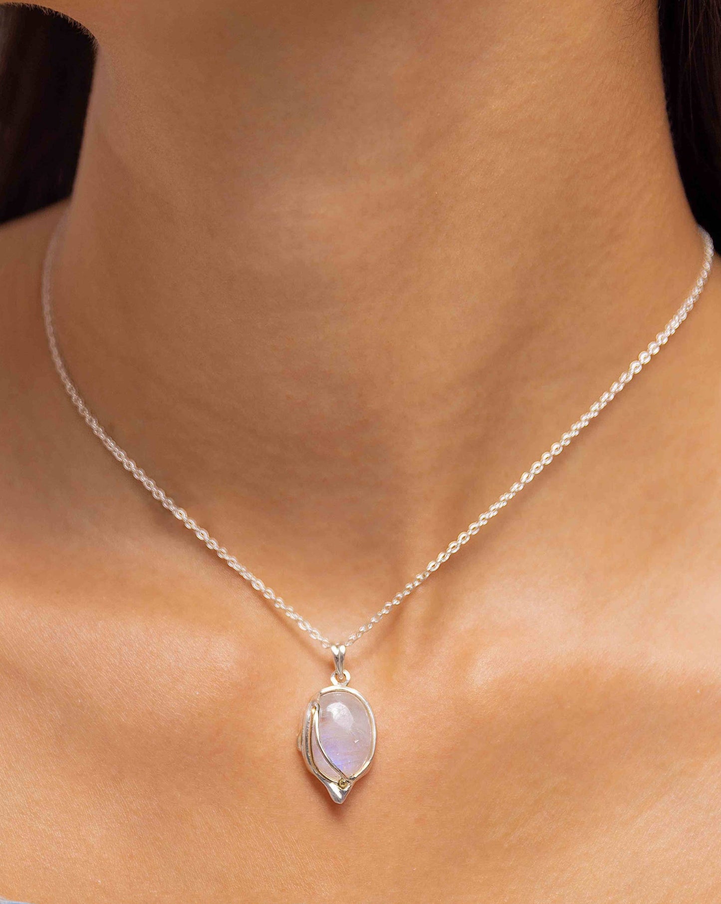 Moonstone Sterling Silver and 14ct Gold Detail Pendant Necklace