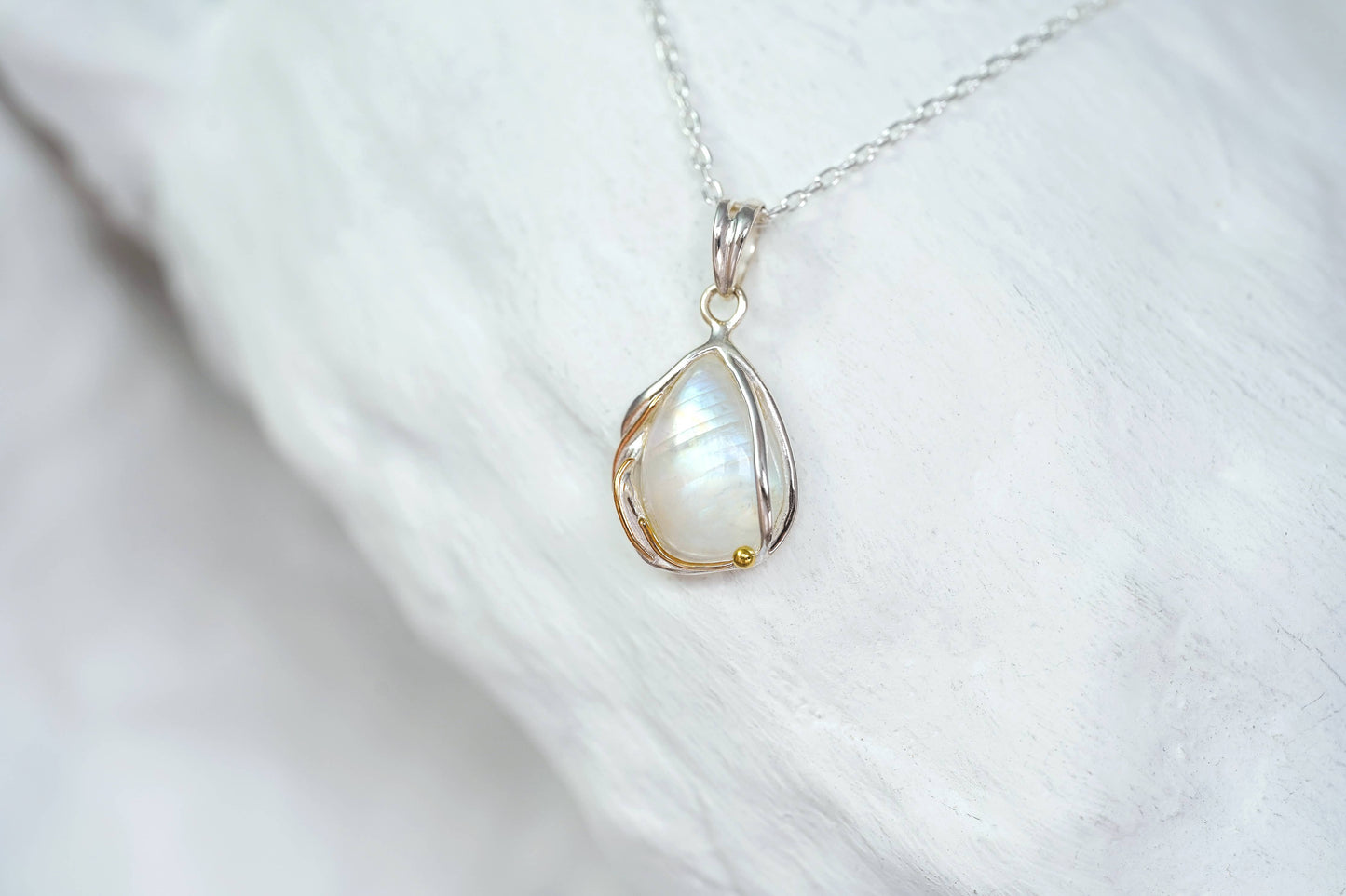 Rainbow Moonstone Sterling Silver Droplet Pendant