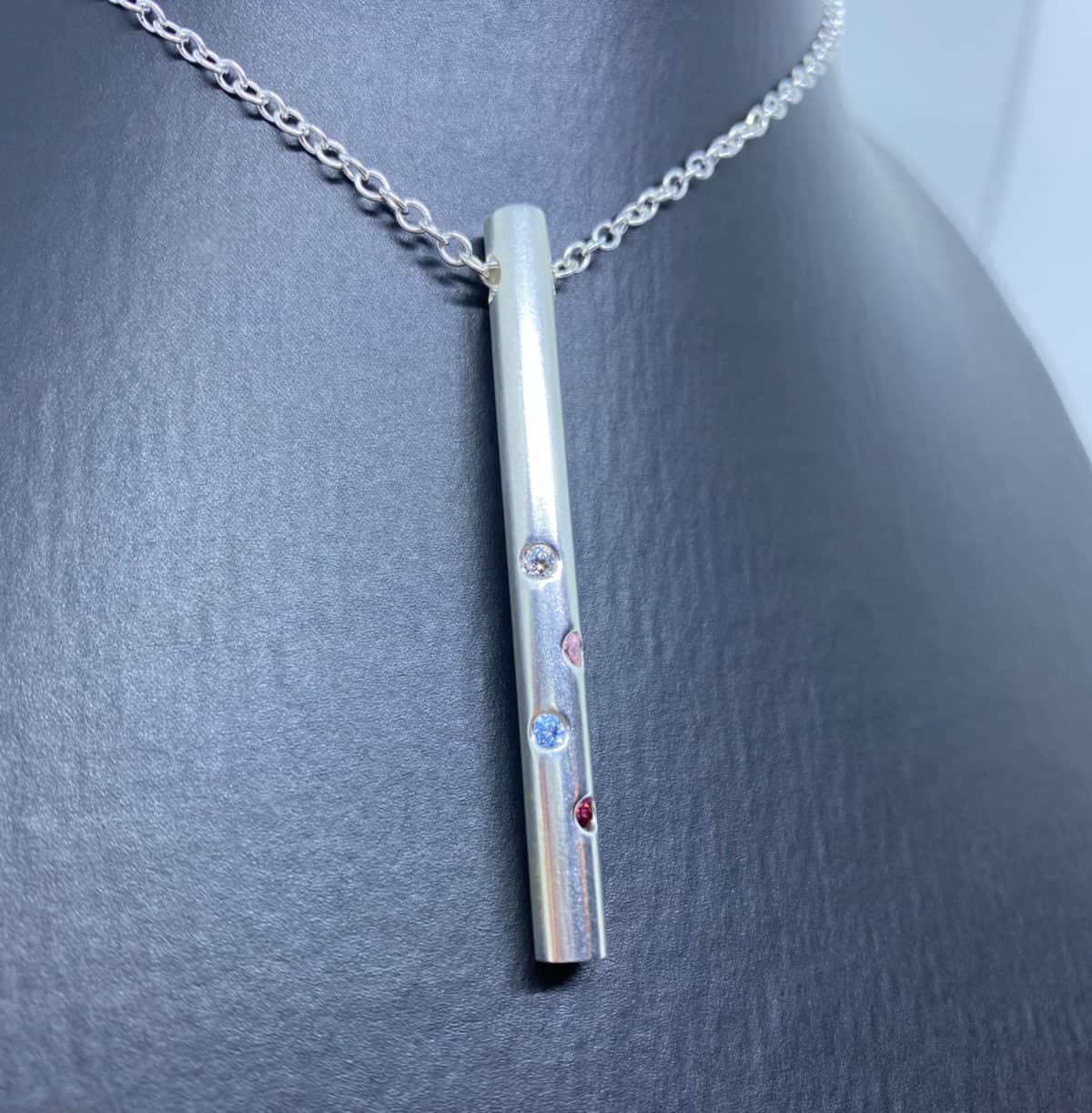 Silver Bar and Multi Hue Cubic Zirconia Pendant Necklace