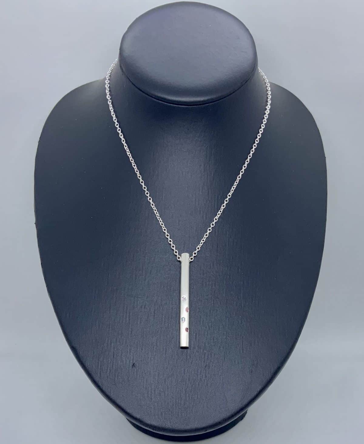 Silver Bar and Multi Hue Cubic Zirconia Pendant Necklace