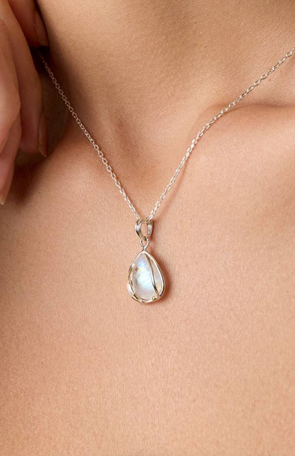 Rainbow Moonstone Sterling Silver Droplet Pendant