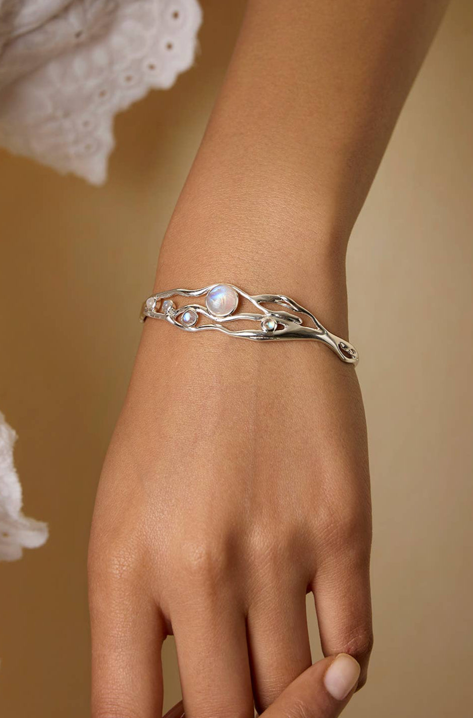 Moonstone and Sterling Silver Organic Flowing Bangle