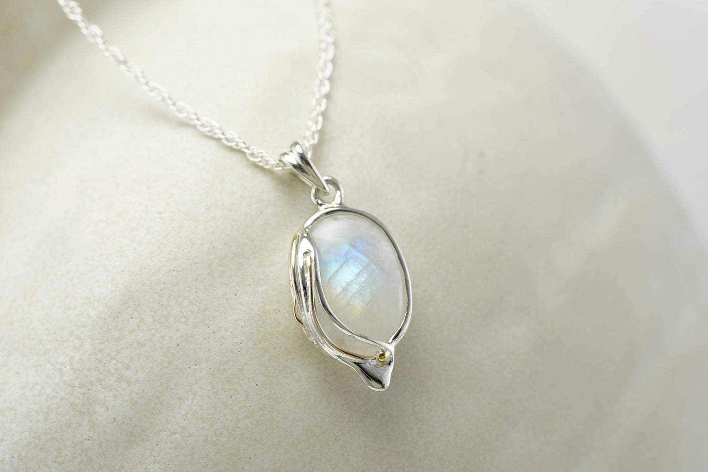 Moonstone Sterling Silver and 14ct Gold Detail Pendant Necklace