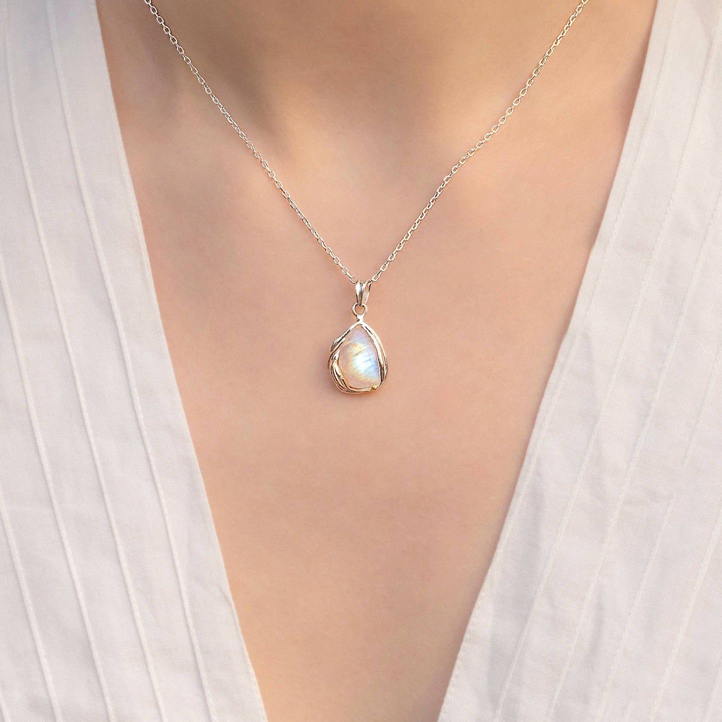 Rainbow Moonstone Sterling Silver Droplet Pendant